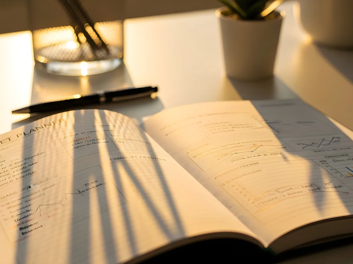 An open budget planner on a desk in warm late-afternoon light, a pen resting beside it.