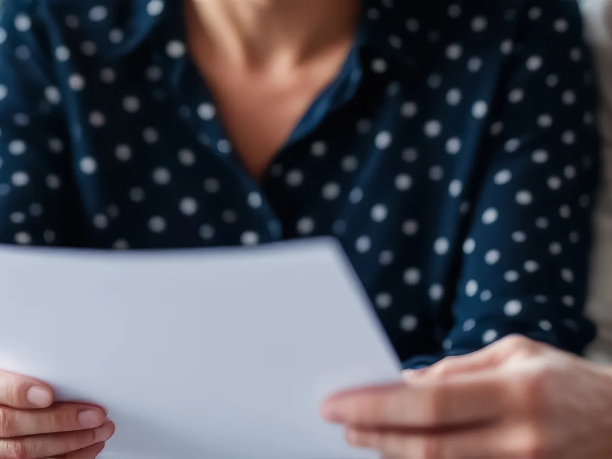 A person holding a printed document in both hands, reading it closely.