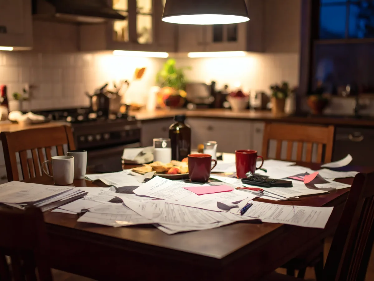 A kitchen table covered in paperwork and mugs under a warm pendant light in the evening.