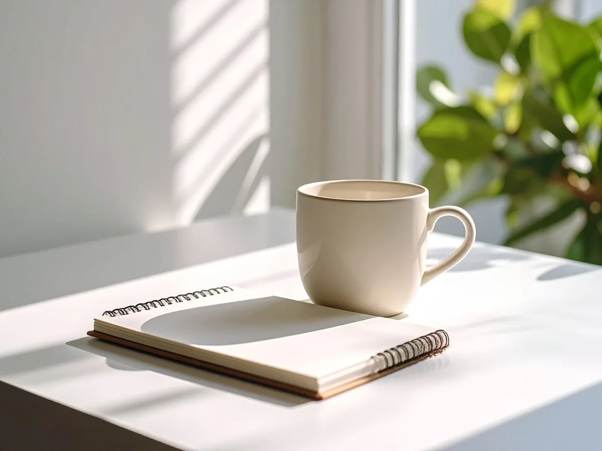 A mug resting on a closed notebook on a white desk in morning sunlight.