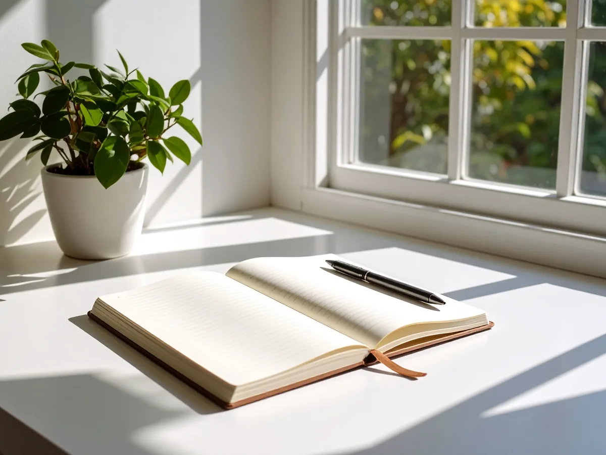 An open notebook and pen on a bright windowsill beside a small potted plant.