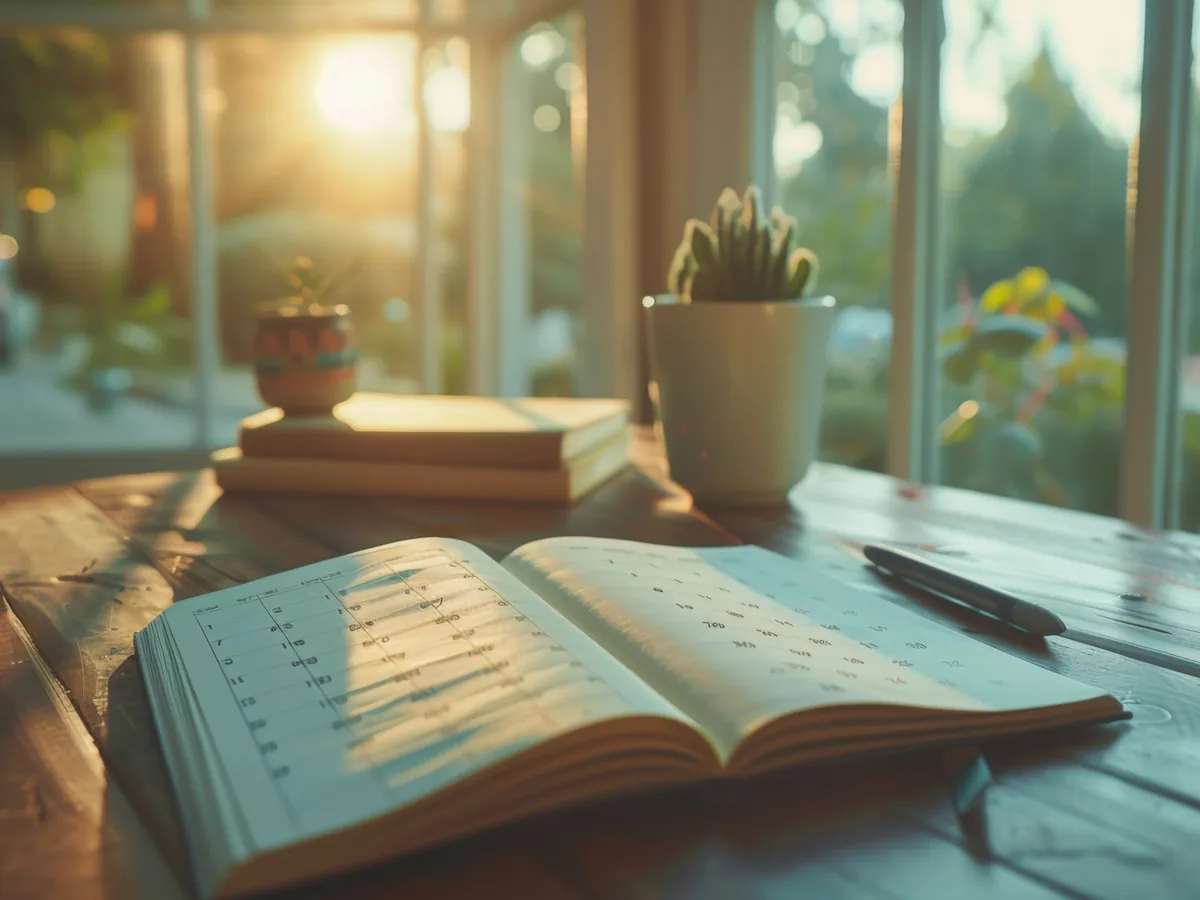 An open paper planner on a wooden table, lit by low morning sun through a window.