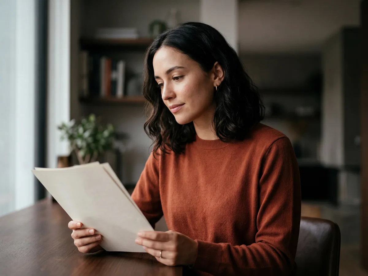 A woman sits at a table near a window, reading a multi-page document.
